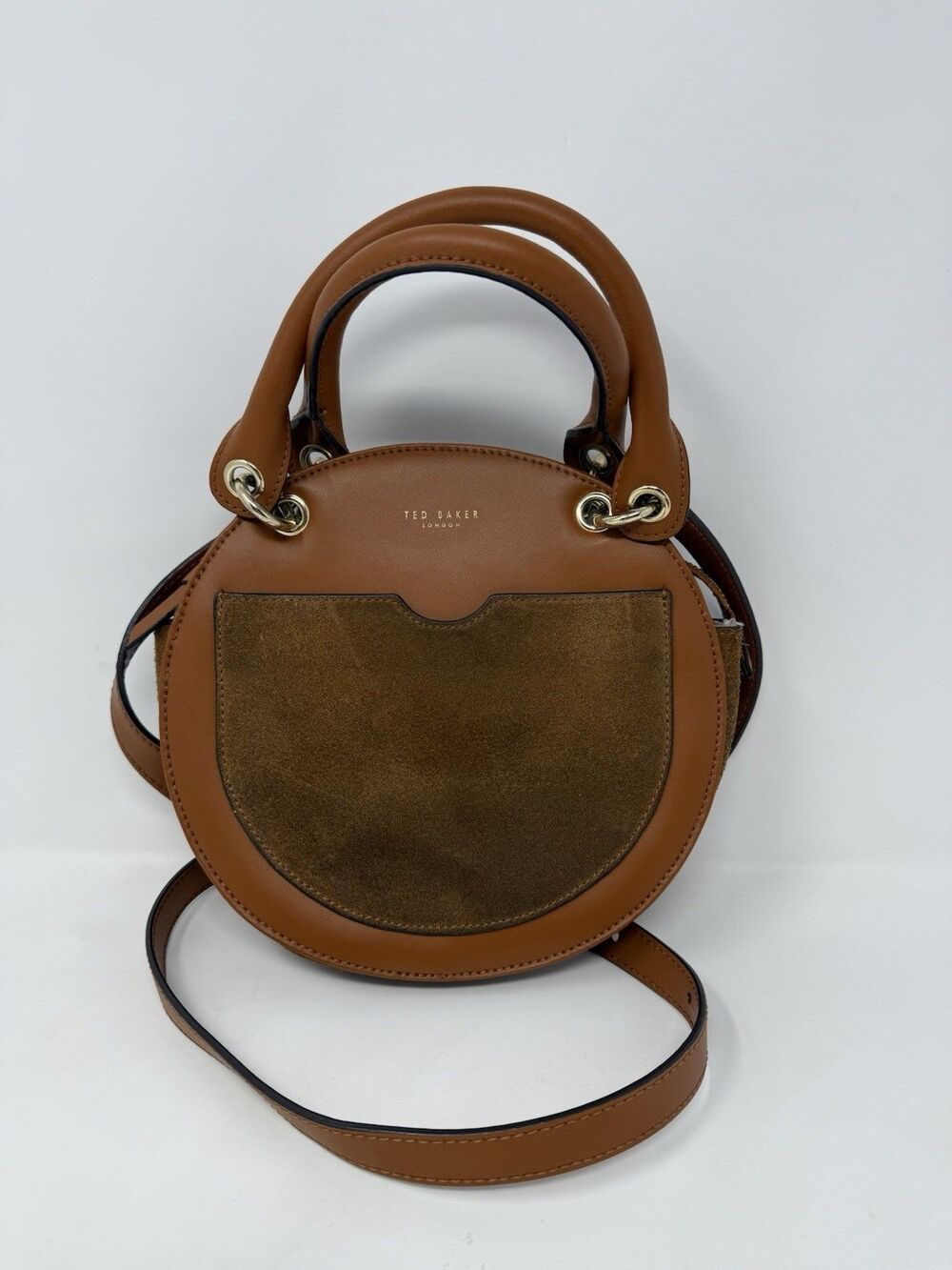 Ted Baker Sunni Circle Crossbody Bag Brown Tan Leather Suede Gold Hardware